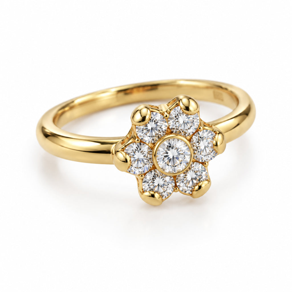 Gold ring with a diamond on a white background