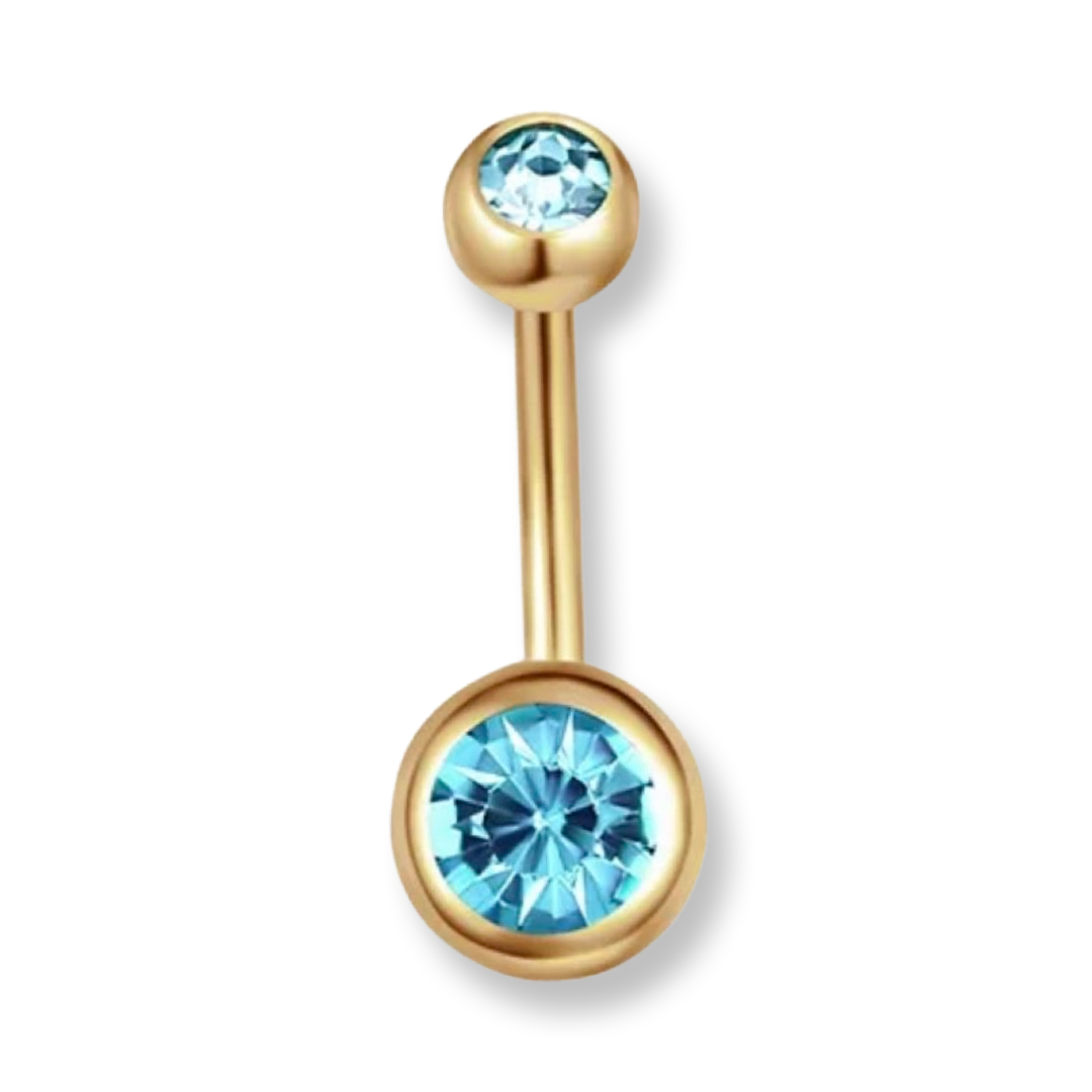 Aquamarine Gold Double Jewel Belly Bar