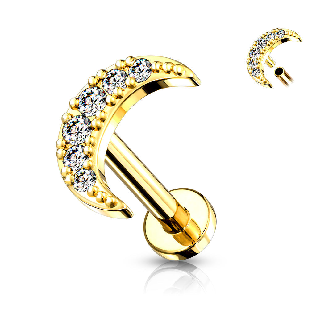 Gold hoop earring with clear gemstones on a white background