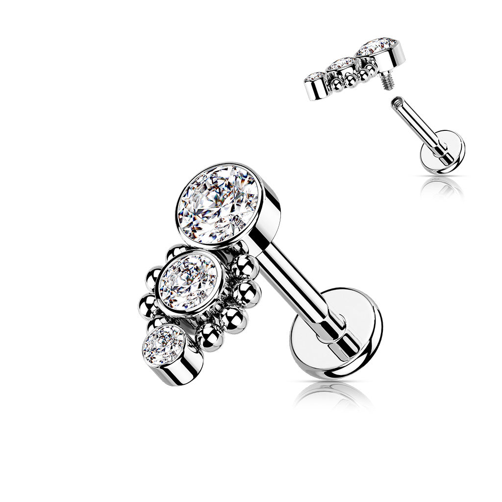 Three Crystal Labret Bar 16 Guage