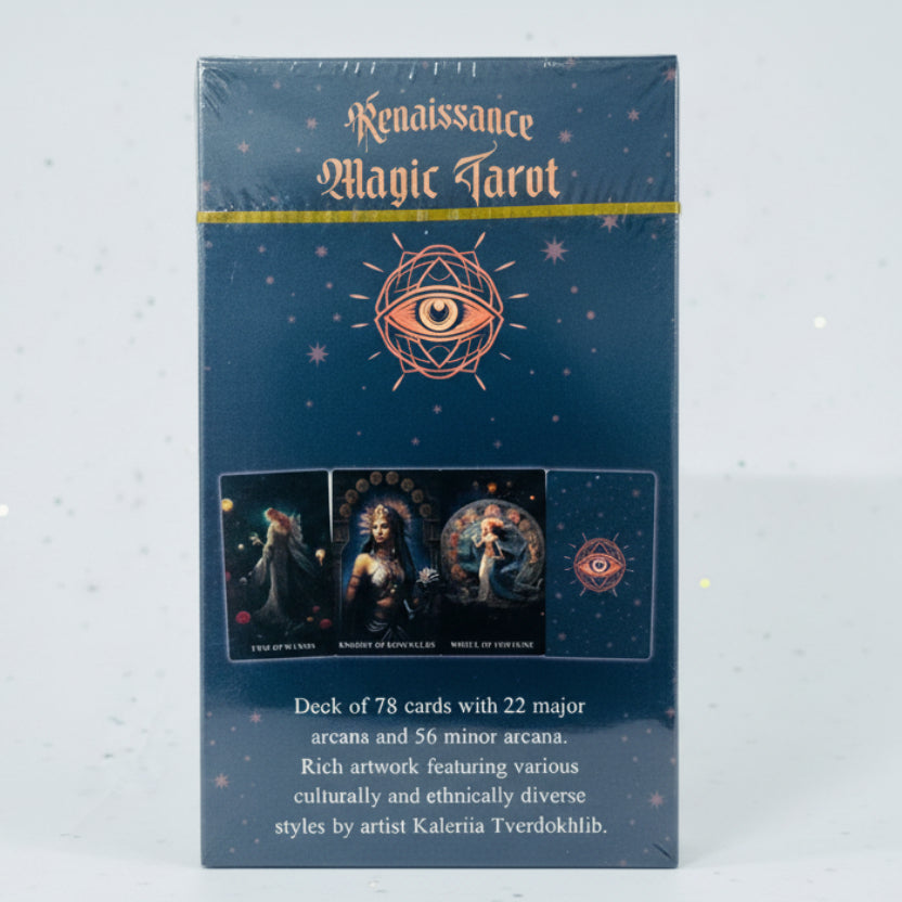 Renaissance Magic Tarot packaging with artwork and text on a light gray background