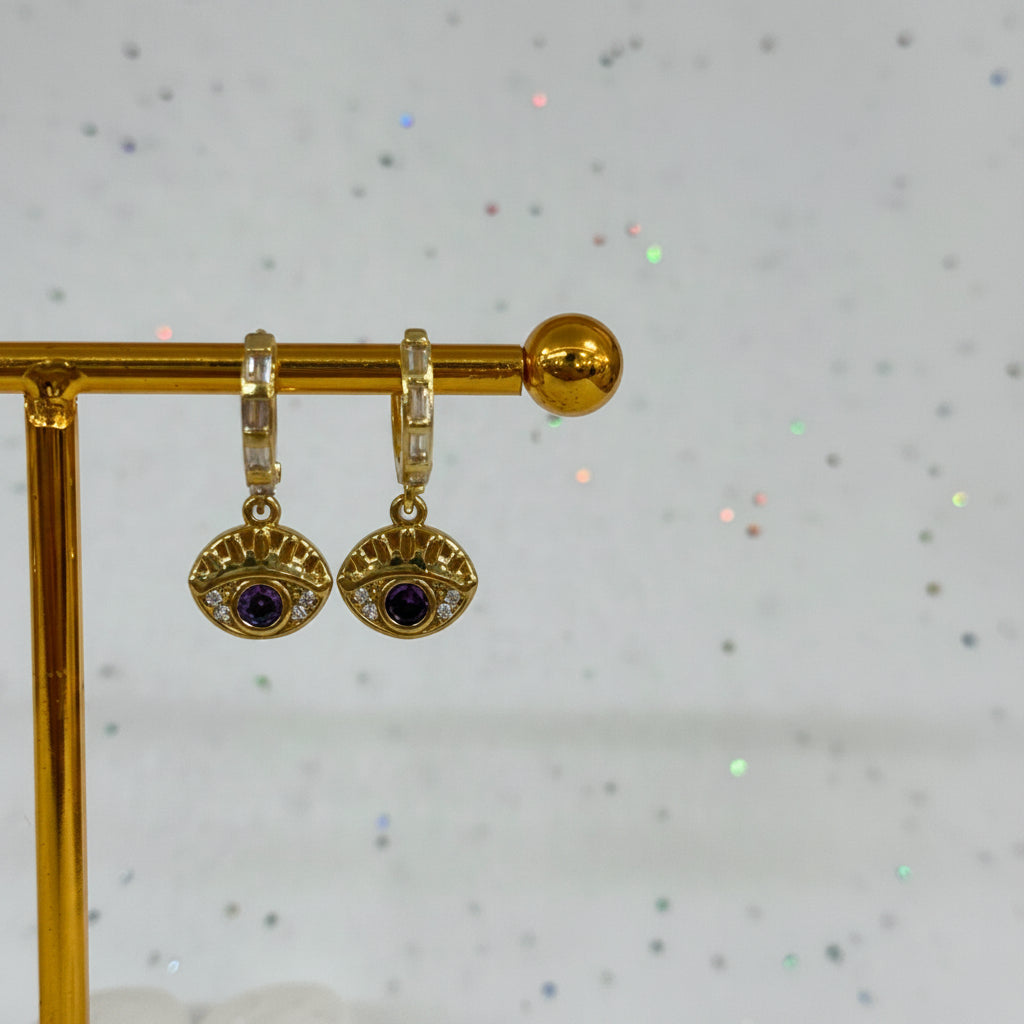 Gold & Purple Evil Eye Earrings