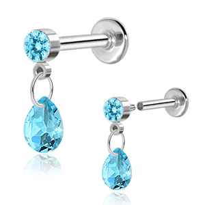 Pair of blue teardrop earrings on a white background