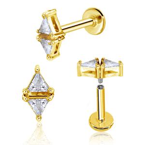 Gold-plated diamond stud earrings with clear cubic zirconia stones, shown from multiple angles on a white background.