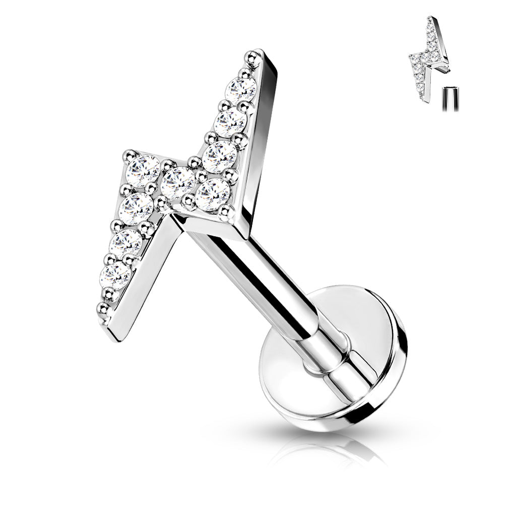 Silver lightning bolt earring with clear gemstones on a white background