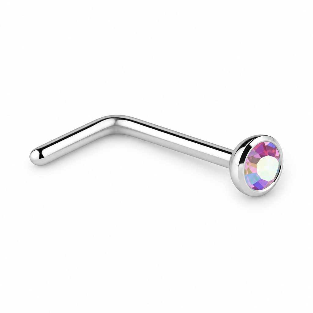 A silver-colored curved barbell nose stud with a round bezel-set iridescent pink gemstone on a plain white background.