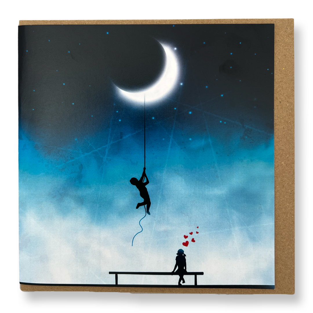 Boy Hanging from Moon Card