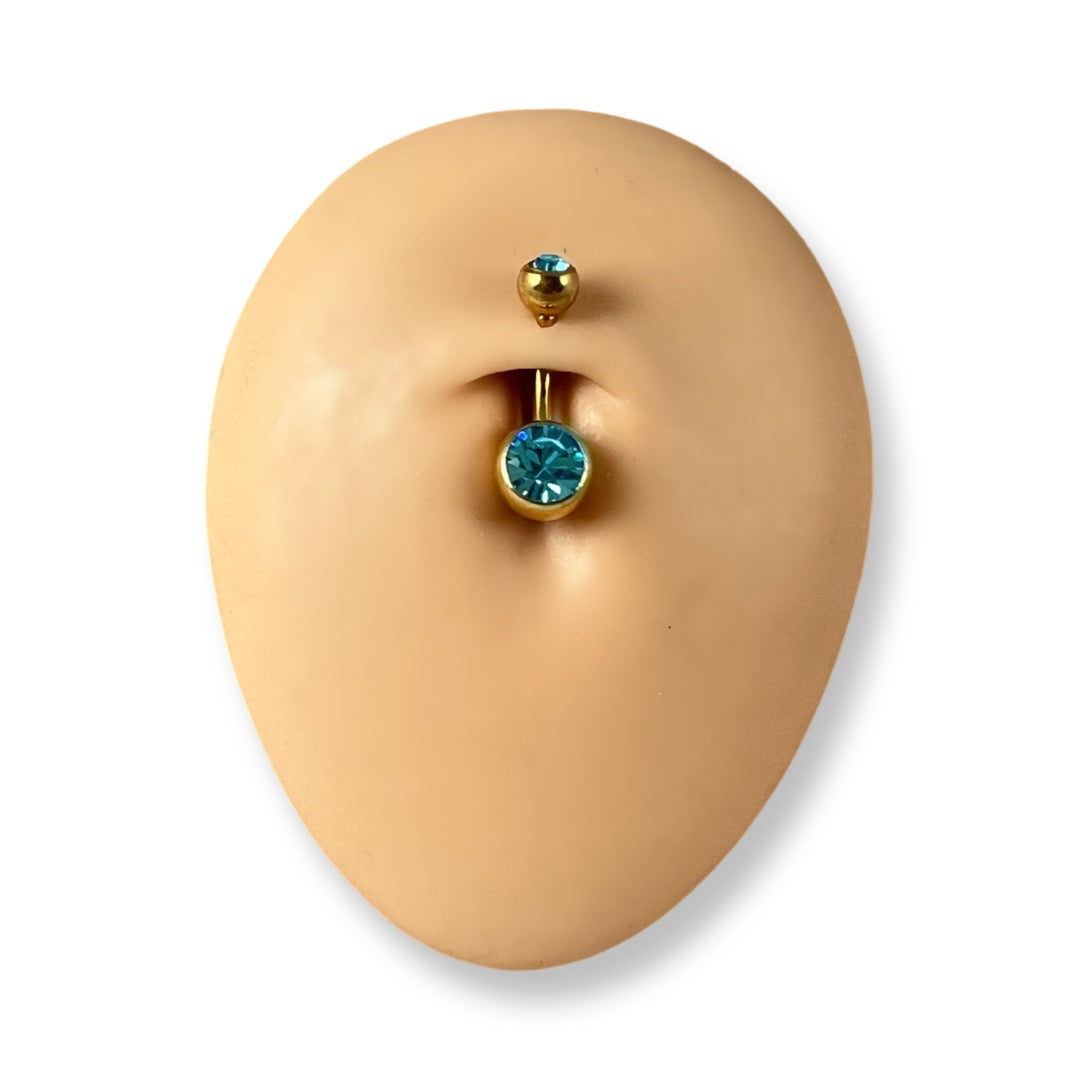 Aquamarine Gold Double Jewel Belly Bar