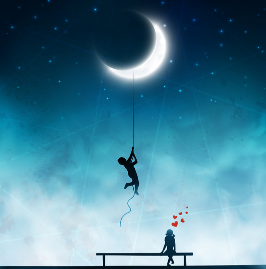 Boy Hanging from Moon Card