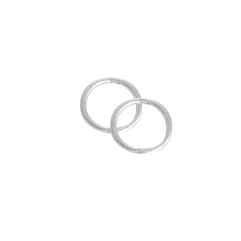 Two silver metal hoop earrings overlapping on a plain white background.