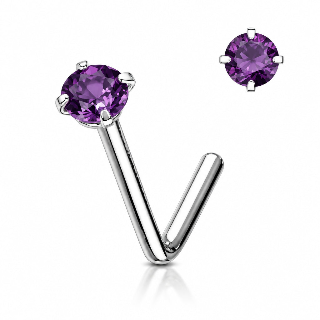 A silver-toned curved barbell nose stud with a round faceted purple gemstone, shown alongside a matching close-up of the gemstone on a clean white background.