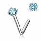 A silver-toned curved barbell nose stud with a round light blue gemstone, shown on a plain white background with a smaller inset view of the gemstone.