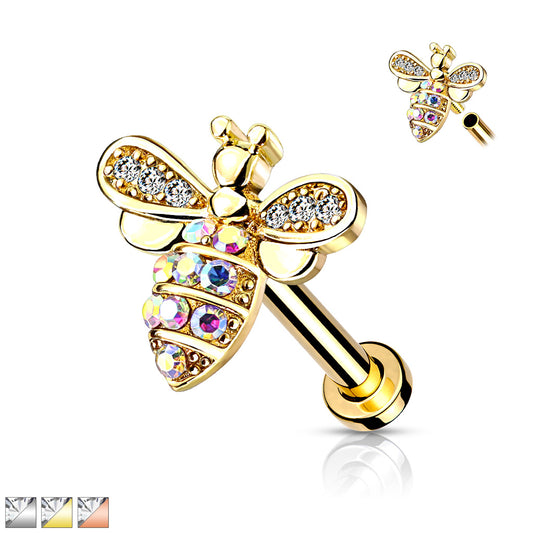 A gold-colored bee-shaped labret bar piercing jewelry with embedded stones.