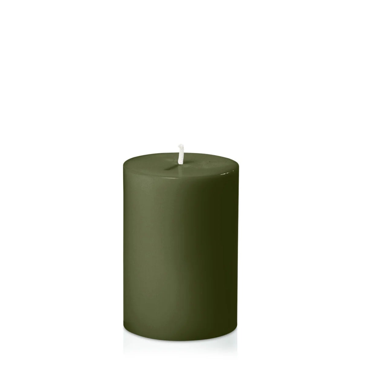An olive green pillar candle with a single white wick, centered against a solid white background.