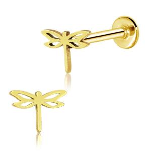 Gold dragonfly-shaped earring on a white background