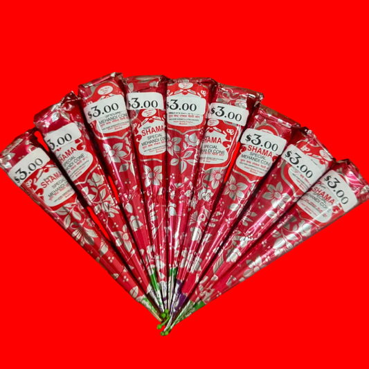 Red and white packages with 'Shama' branding on a wooden surface