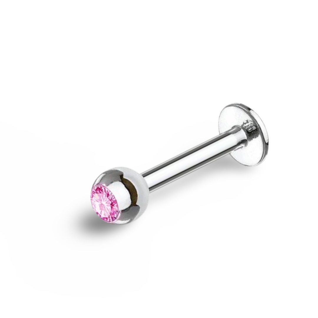 A single surgical steel labret bar with a pink labret design, 16 gauge, against a white background.