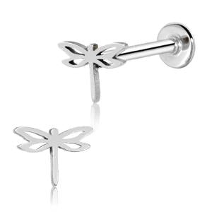 Silver dragonfly-shaped earring on a white background