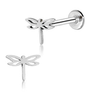 Silver dragonfly-shaped earring on a white background