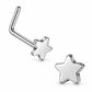 A pair of silver-toned labret studs, one featuring a star-shaped head and the other a curved L-shaped head, displayed on a clean white background.