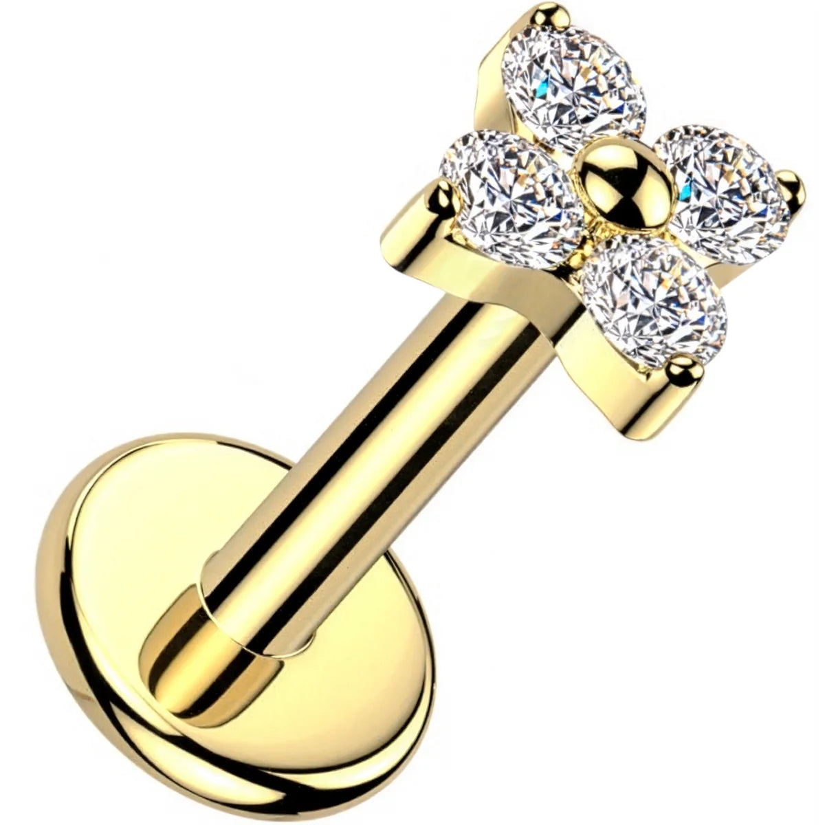 A gold-colored body jewelry piece featuring a round flat-back post and a decorative flower-shaped top set with four clear round gemstones, shown on a plain white background.