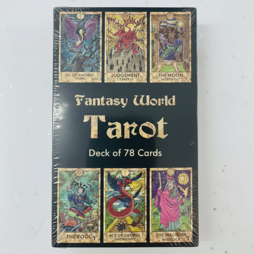 Fantasy World Tarot deck packaging with tarot card illustrations on a white background