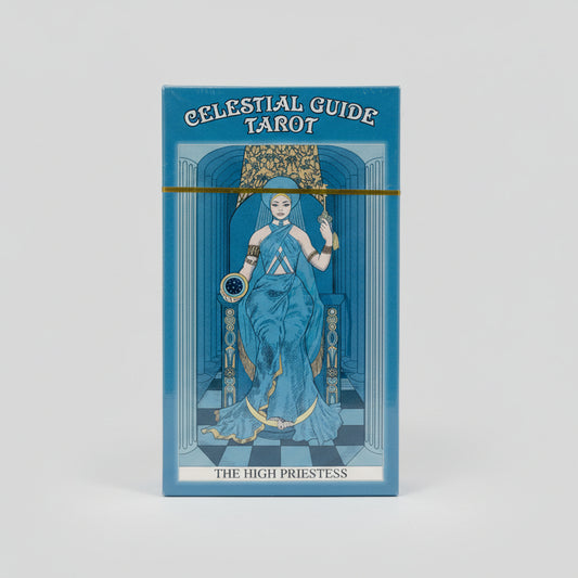 Packaging of Celestial Guide Tarot with 'The High Priestess' design on a white background