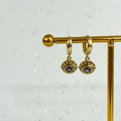 Gold & Purple Evil Eye Earrings