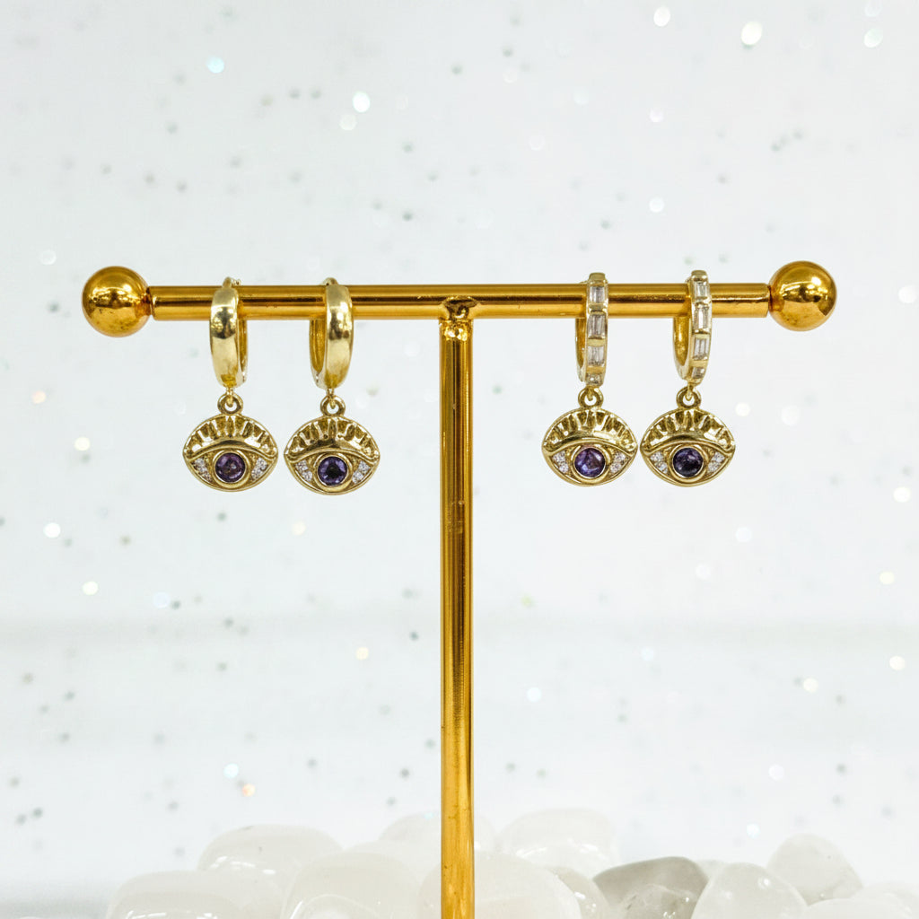 Gold & Purple Evil Eye Earrings