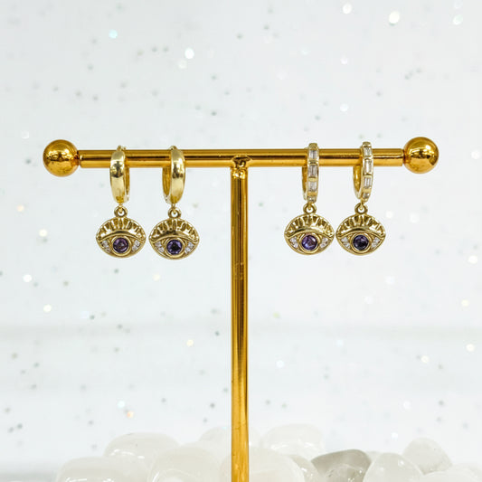 Gold & Purple Evil Eye Earrings