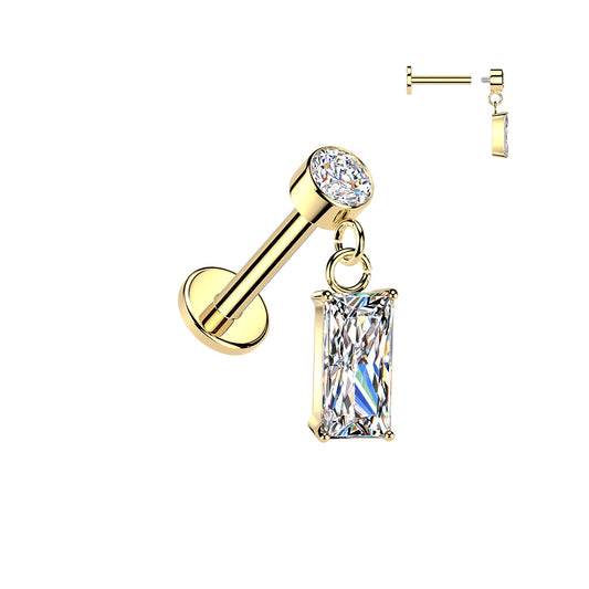 Gold earring with rectangular gemstone on a white background