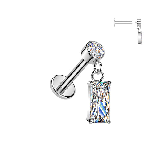 Pair of silver earrings with clear gemstones on a white background