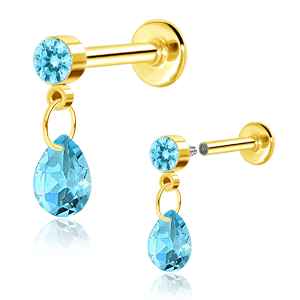 Gold earrings with blue teardrop-shaped gemstones on a white background
