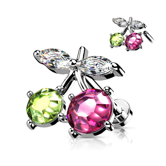 A silver-colored Cherry Labret Bar with flat back studs, featuring a central pink gemstone and smaller green and clear gemstones on either side.