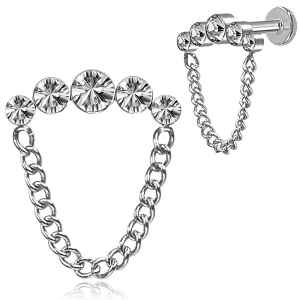Silver chain earring with clear gemstones on a white background