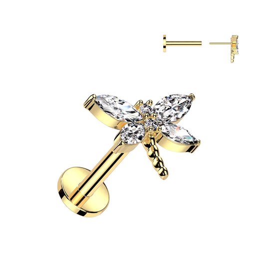 Gold bow-shaped earring with a clear gemstone on a white background