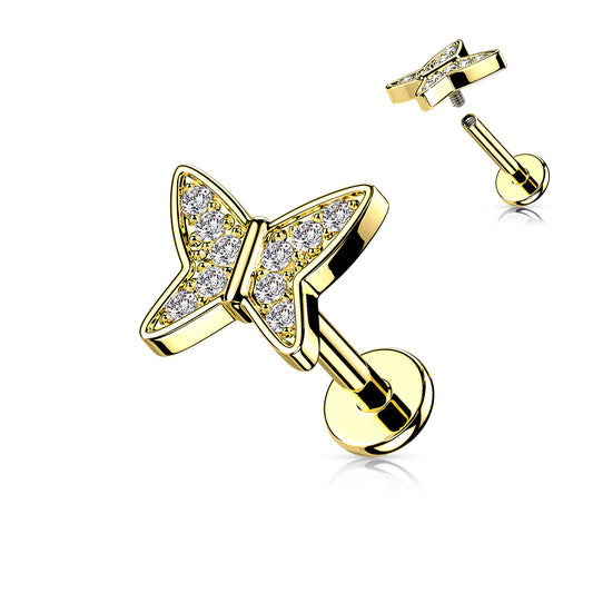 Gold butterfly-shaped earring with clear gemstones on a white background