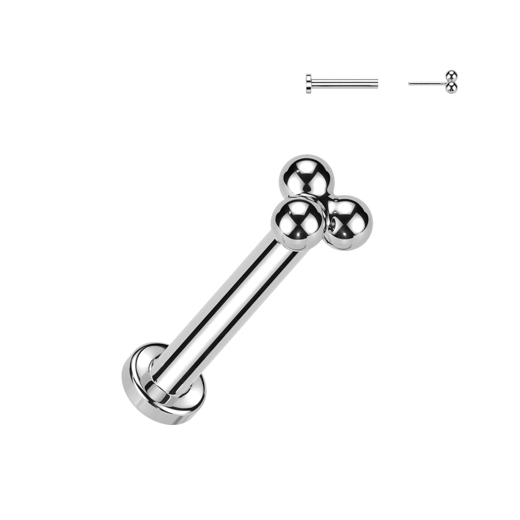 Silver barbell with three spherical ends on a white background