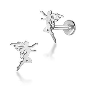 A pair of silver fairy stud earrings on a clean white background, with one earring shown from the front and the other from the side/back angle.
