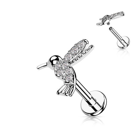 Silver hummingbird-shaped earring with clear gemstones on a white background