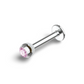 A silver-colored surgical steel labret bar with a light pink gemstone at the base.