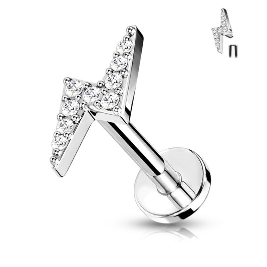 Silver lightning bolt earring with clear gemstones on a white background