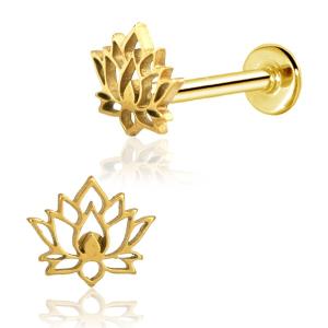 Gold lotus flower stud earrings shown on a clean white background, with one earring in profile and one front-facing.