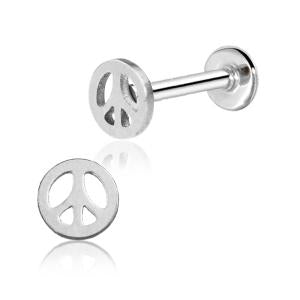 Silver peace symbol earring on a white background