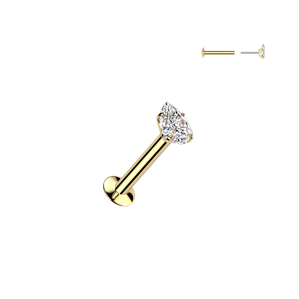 Gold barbell earring with clear gemstone on a white background