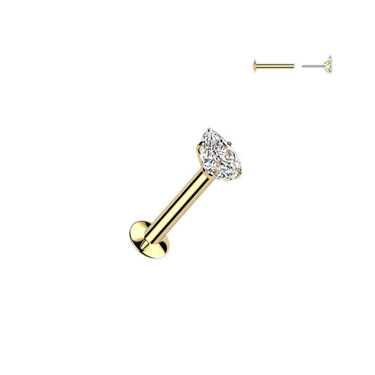 Gold barbell earring with clear gemstone on a white background