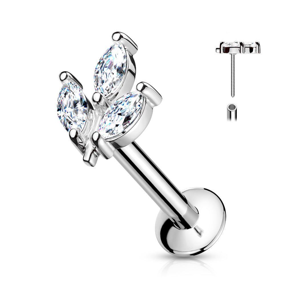 leaf shaped labret bar push pin surgical steel silver
