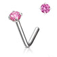 A silver-toned labret-style stud earring with a large oval pink gemstone, shown alongside a matching close-up of the pink stone on a clean white background.