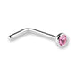 A curved silver-tone nose stud piercing with a faceted pink gemstone in a bezel setting, shown on a plain white background.