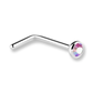 A silver-colored curved barbell nose stud with a round bezel-set iridescent pink gemstone on a plain white background.